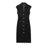 Elegant Tailored Sleeveless Midi Dress with Button Detail
