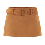 High Waist Suede Mini Skirt With Belt Elegant Casual Style