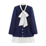 Bow Collar Button Mini Dress Elegant Long Sleeve Dress
