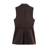 Belted Sleeveless Blazer & Wide-Leg Trouser Set — Chocolate Brown