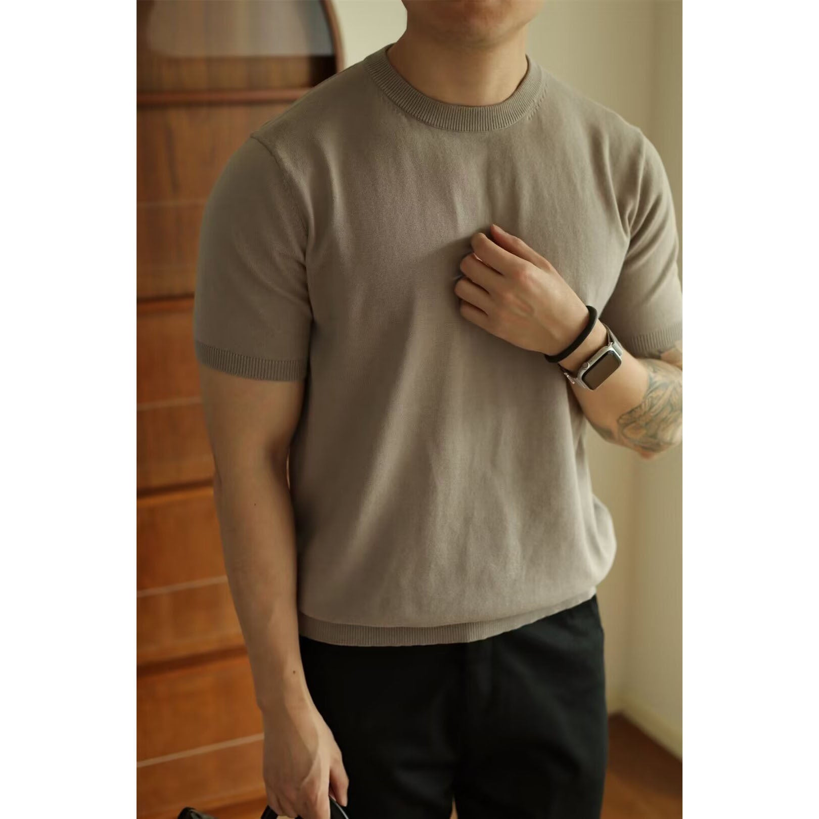 Orizelle | Men’s Mock Neck Knit T-Shirt – Fitted Short Sleeve