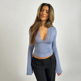 Long-Sleeved Lace Trim Wrap Top with Deep V-Neck