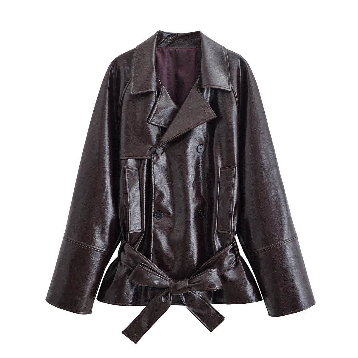 Belted Glossy Faux Leather Jacket with Tailored Fit