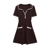 Contrast Trim Zip Front Mini Dress Short Sleeve