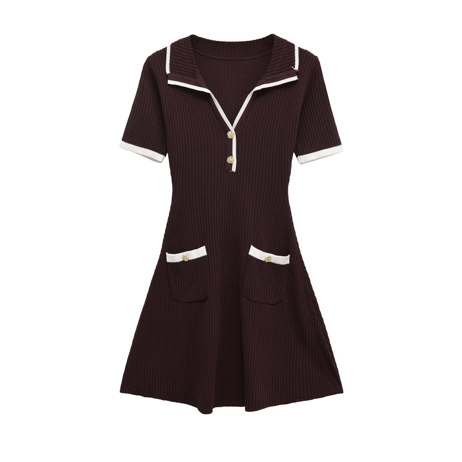Contrast Trim Zip Front Mini Dress Short Sleeve