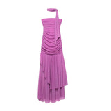 One Shoulder Pleated Maxi Dress with Draped Waist