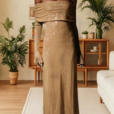 Off-Shoulder Flounce Sleeve Sequin Maxi Dress