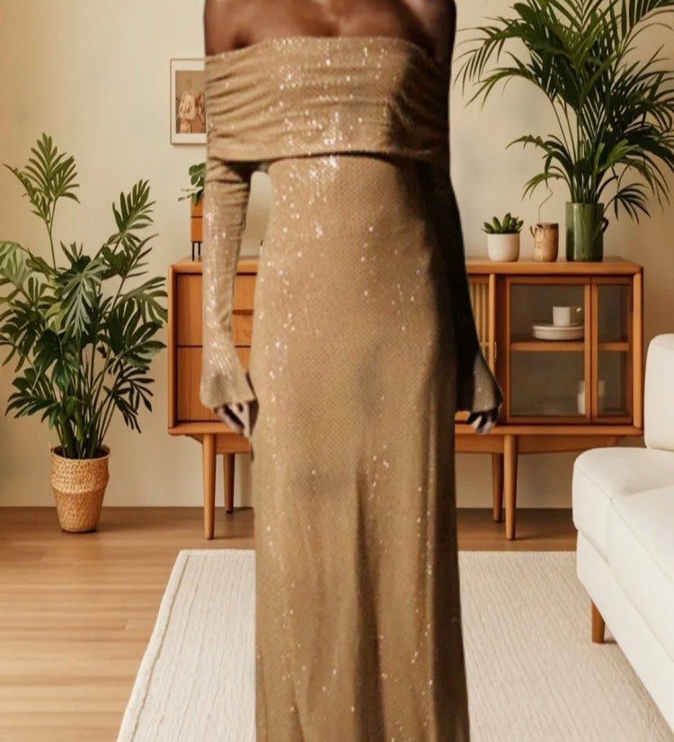 Off-Shoulder Flounce Sleeve Sequin Maxi Dress