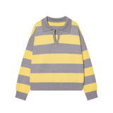 Women Striped Knit Polo Sweater Casual Relaxed Fit