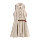 Sleeveless Button Front Mini Shirt Dress with Belt