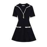 Contrast Trim Zip Front Mini Dress Short Sleeve