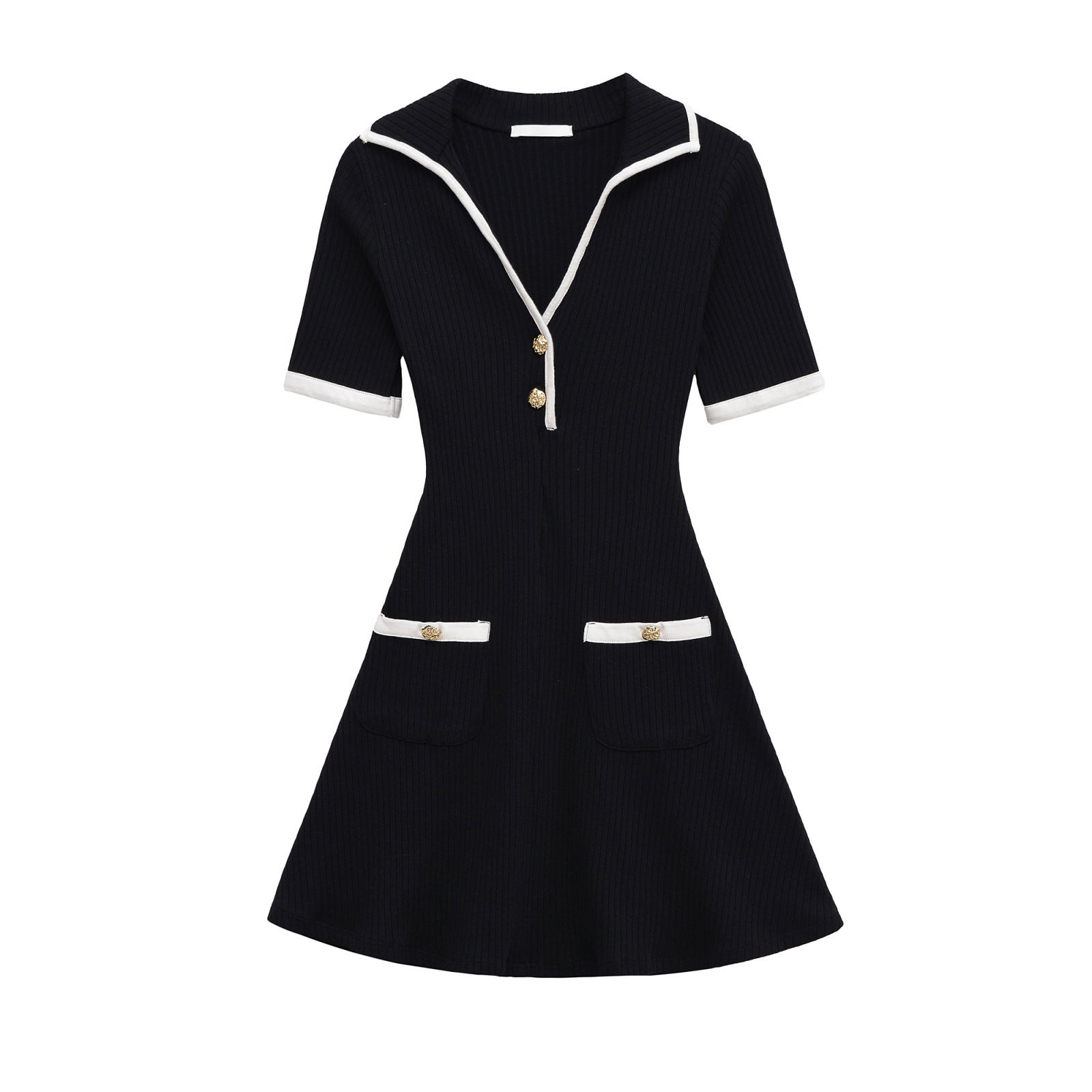Contrast Trim Zip Front Mini Dress Short Sleeve