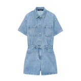 Denim Short Sleeve Belted Utility Playsuit
