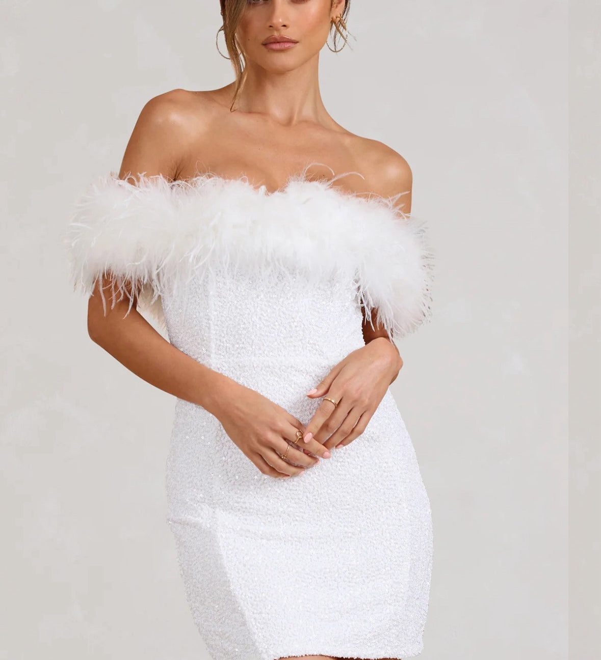 Off-Shoulder Sequin Mini Dress with Feather Trim
