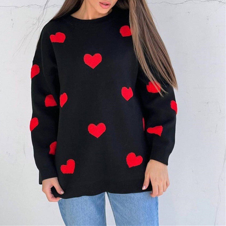 Red Heart Pattern Oversized Sweater