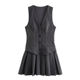 Button Front Pleated Mini Dress Tailored Sleeveless Dress