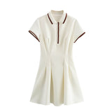 Contrast Trim Polo Collar Mini Dress with Short Sleeves