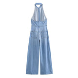 Denim Halter Neck Wide Leg Jumpsuit