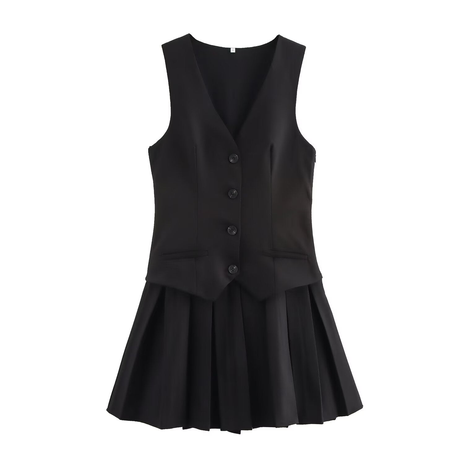 Button Front Pleated Mini Dress Tailored Sleeveless Dress