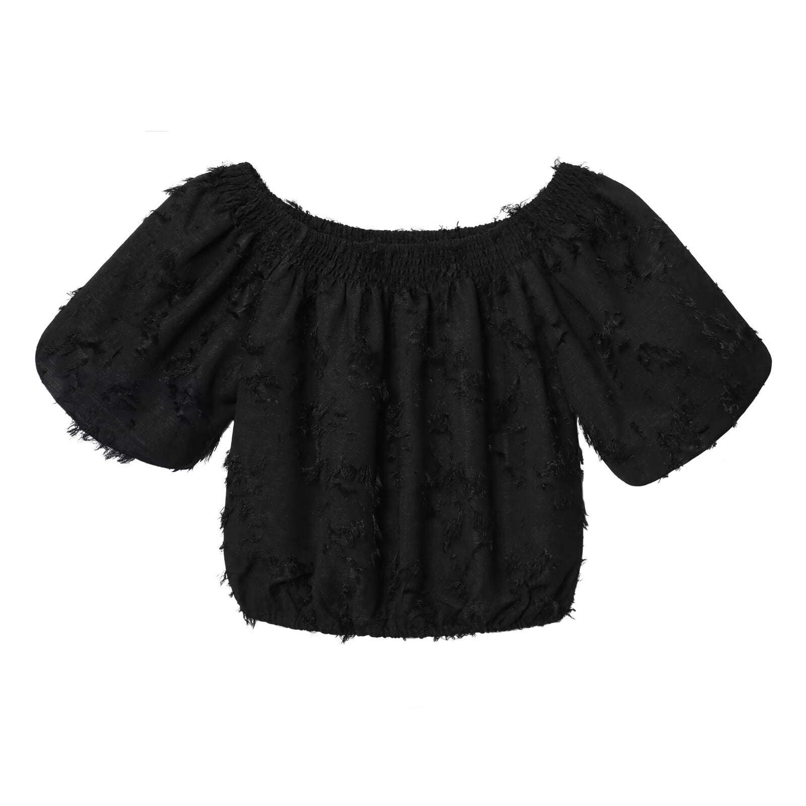 Off Shoulder Puff Sleeve Smocked Crop Top