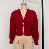 Chic Deep V-Neck Knit Cardigan with Decorative Button