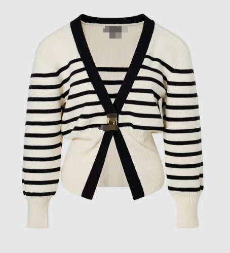 Chic Deep V-Neck Knit Cardigan with Decorative Button