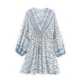 Printed V Neck Long Sleeve Mini Dress with Flowy Fit