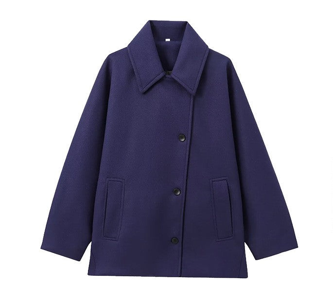 Classic Wool Short Coat with Wide Collar and Button Front