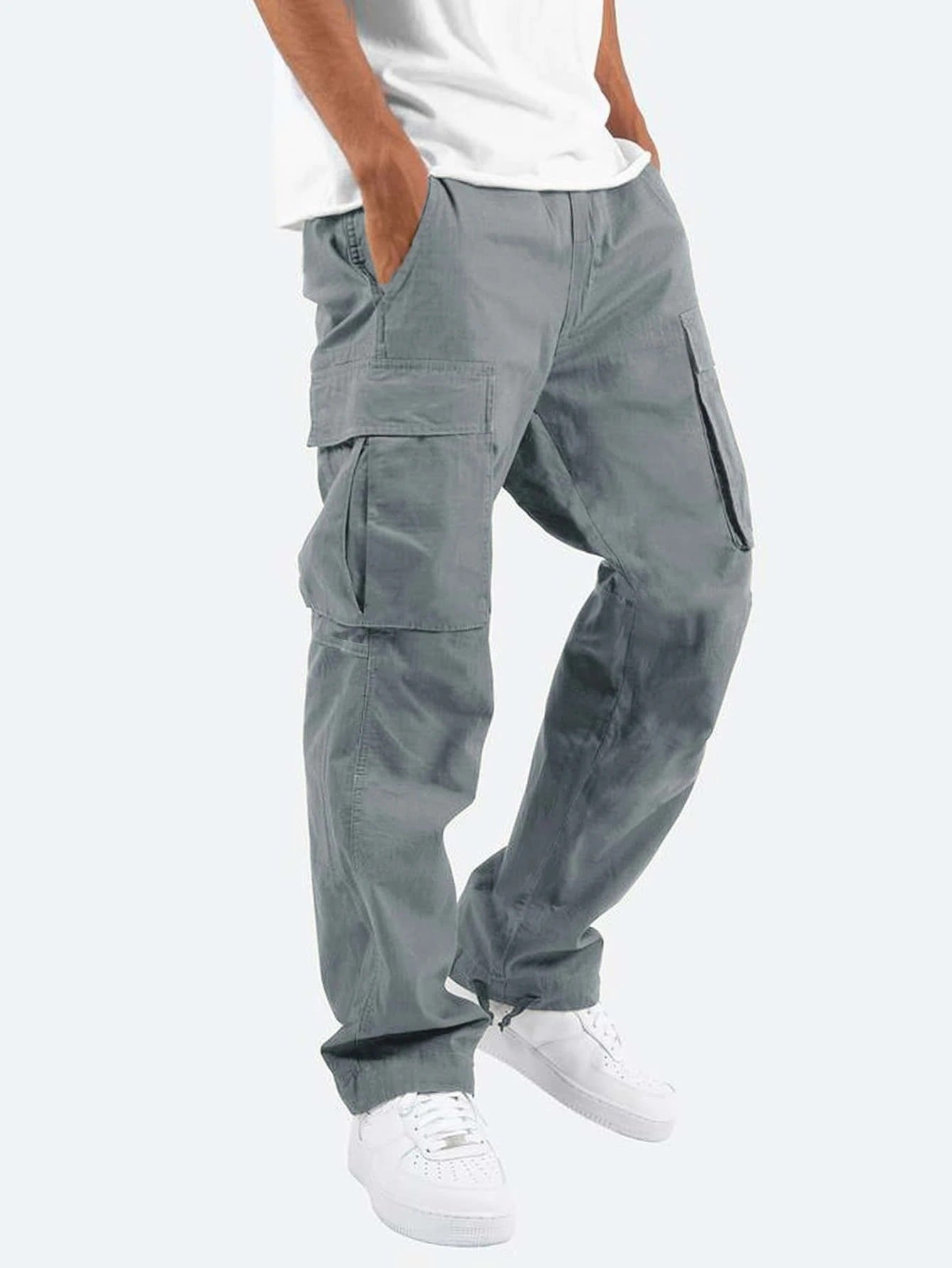 Men's Overalls Cotton Loose Fit Tactical Pants with Elastic Waist