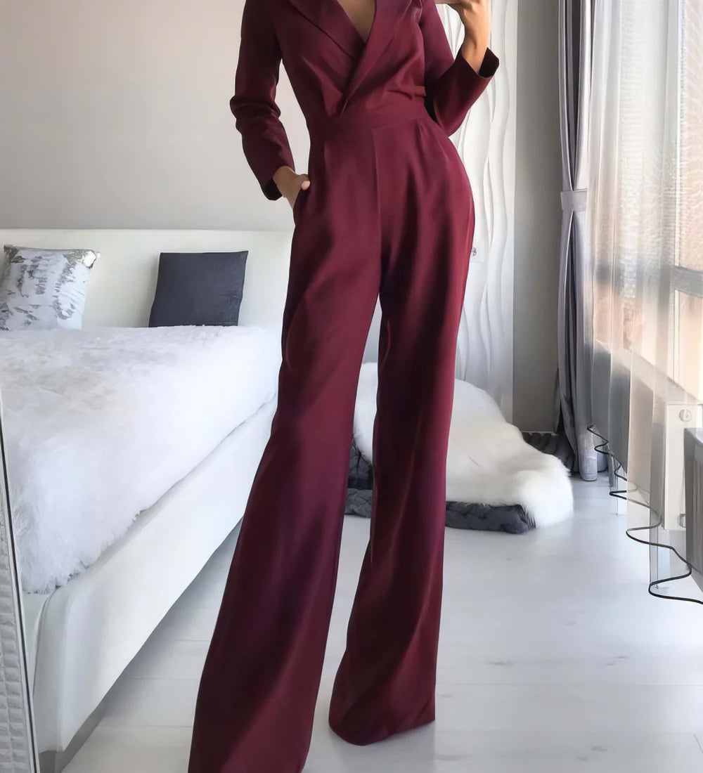 Elegant Long Sleeve Wide-Leg Jumpsuit with V-Neckline