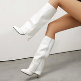 Minimalist Pointed Knee-High Wedge Boots in Faux Leather