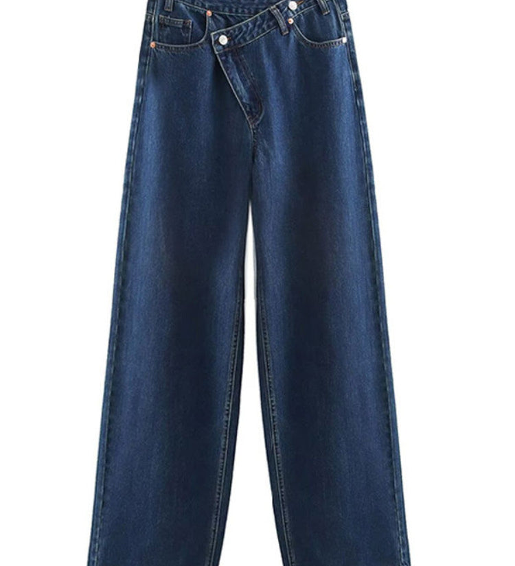 Asymmetric High-Waisted Straight-Leg Jeans in Light Wash Denim