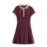 Contrast Trim Polo Collar Mini Dress with Short Sleeves