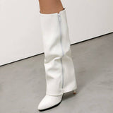 Minimalist Pointed Knee-High Wedge Boots in Faux Leather