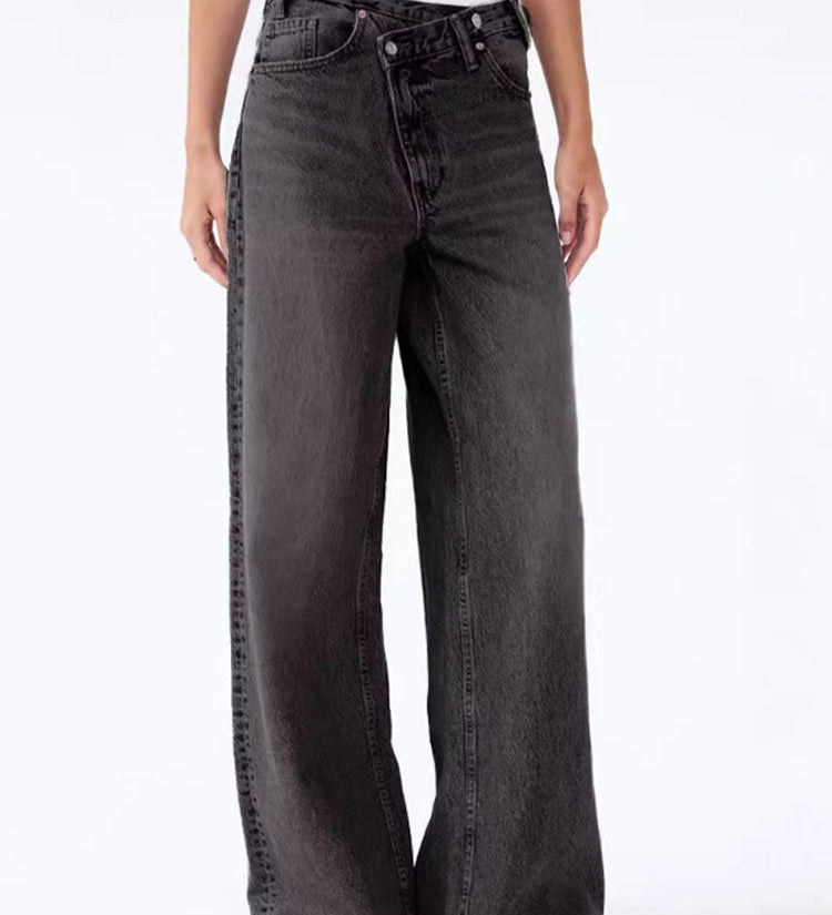 Asymmetric High-Waisted Straight-Leg Jeans in Light Wash Denim