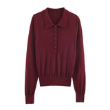 Women Ribbed Knit Polo Sweater Elegant Slim Fit Pullover