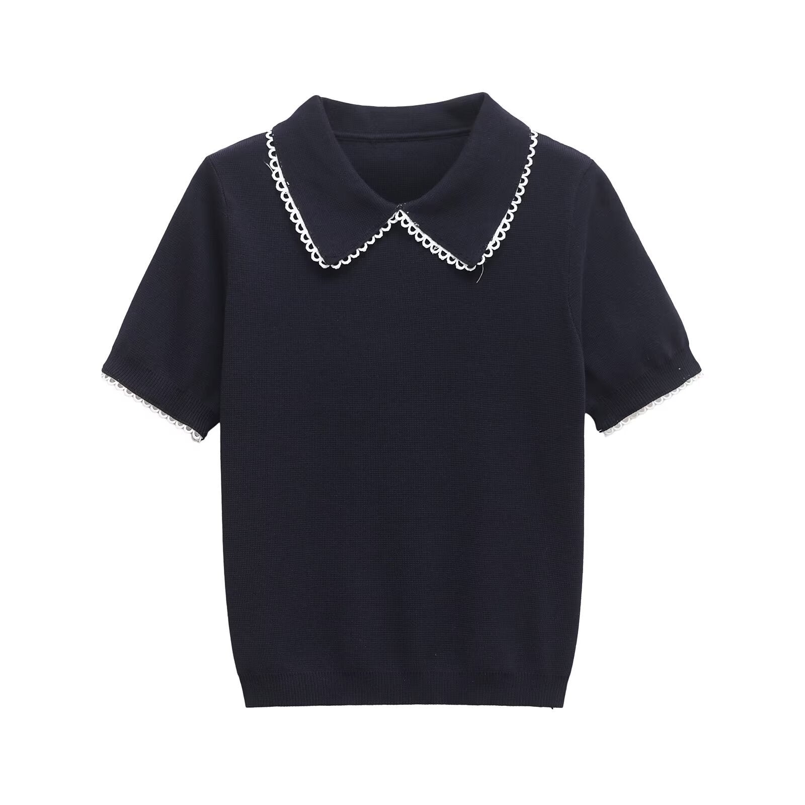 Women Contrast Collar Knit Polo Top Elegant Short Sleeve