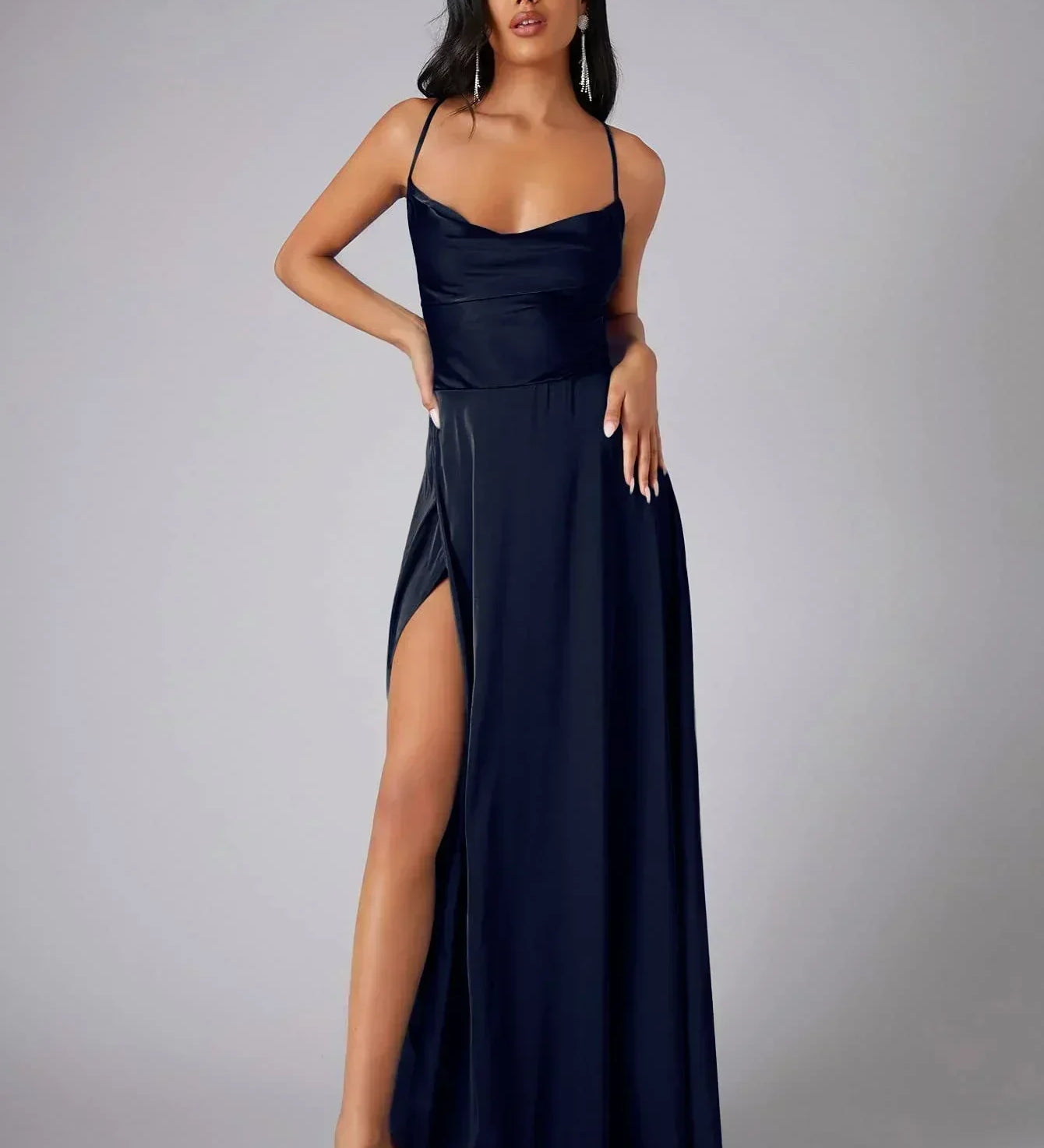 Satin Cowl Neck Maxi Dress with Side Slit
