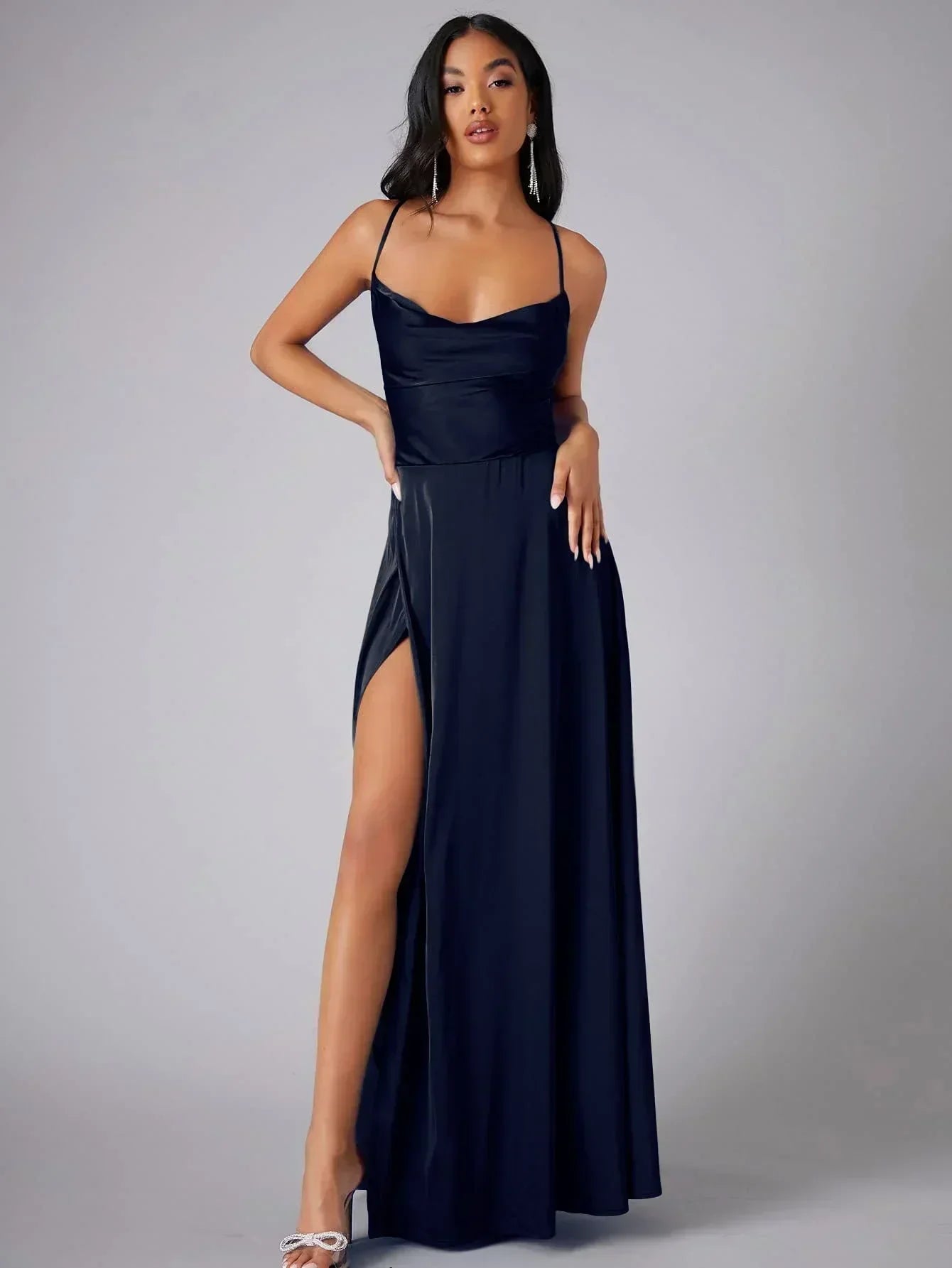 Satin Cowl Neck Maxi Dress with Side Slit