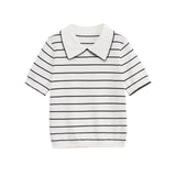 Women Contrast Collar Knit Polo Top Elegant Short Sleeve