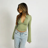 Long-Sleeved Lace Trim Wrap Top with Deep V-Neck