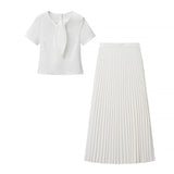 Pleated Maxi Skirt and Short Sleeve Top Two Piece Set