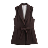 Belted Sleeveless Blazer & Wide-Leg Trouser Set — Chocolate Brown