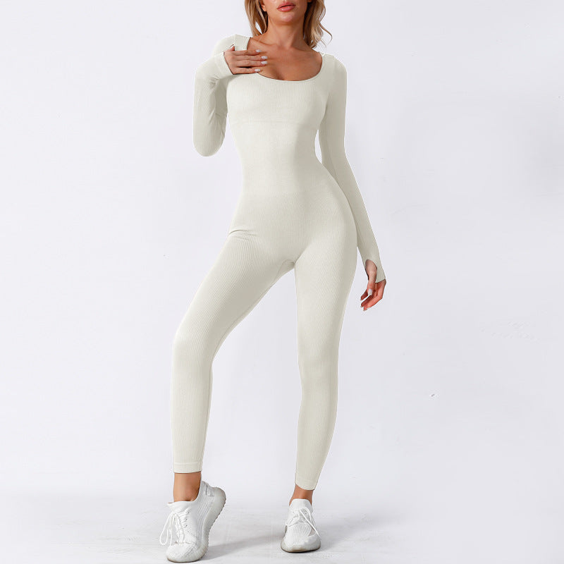 Scoop Neck Long Sleeve Ribbed Jumpsuit