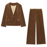 Velvet Blazer and Wide Leg Pants Elegant Two Piece Suit