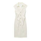 Elegant Tailored Sleeveless Midi Dress with Button Detail