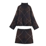 Women's Plaid Oversized Sweater and Mini Skirt Knit Set