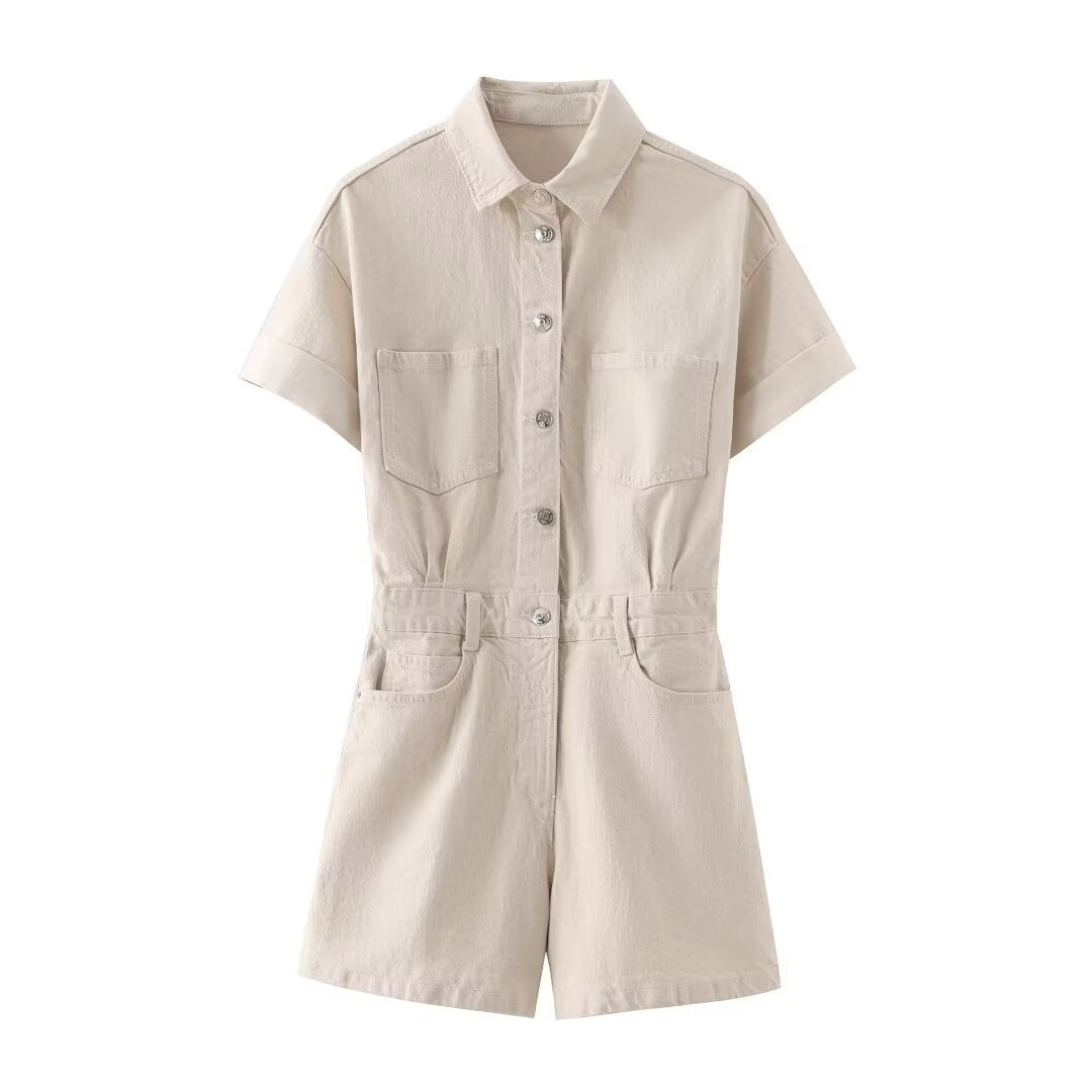 Short Sleeve Button Up Utility Romper