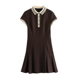 Contrast Trim Polo Collar Mini Dress with Short Sleeves