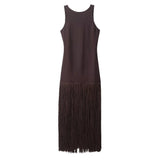 Sleeveless Fringe Maxi Dress with Cross Back Design